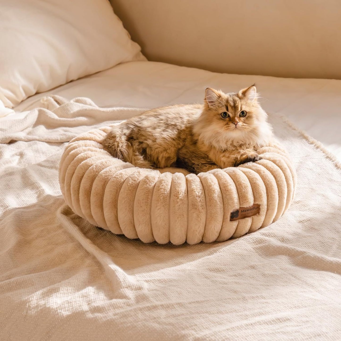 MEWOOFUN Donut Cat Bed - Washable Round Pet Bed For Indoor Cats & Kittens, Fluffy Non-Slip Calming Bed For Small Dogs, Light Brown - My Store
