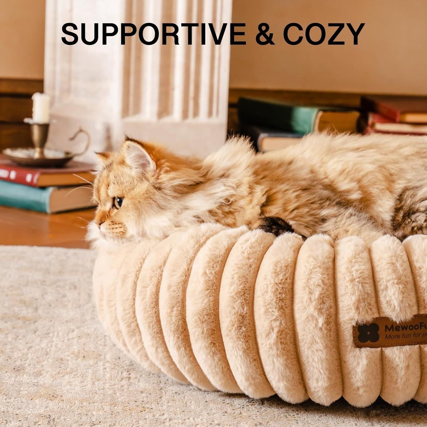 MEWOOFUN Donut Cat Bed - Washable Round Pet Bed For Indoor Cats & Kittens, Fluffy Non-Slip Calming Bed For Small Dogs, Light Brown - My Store