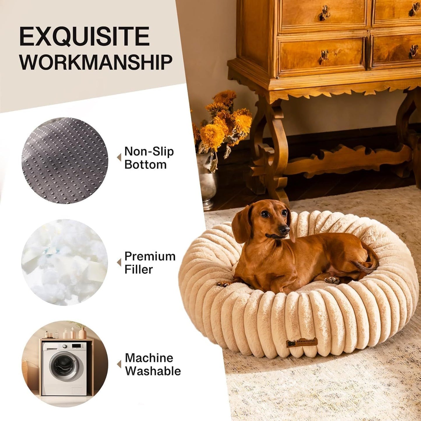 MEWOOFUN Donut Cat Bed - Washable Round Pet Bed For Indoor Cats & Kittens, Fluffy Non-Slip Calming Bed For Small Dogs, Light Brown - My Store