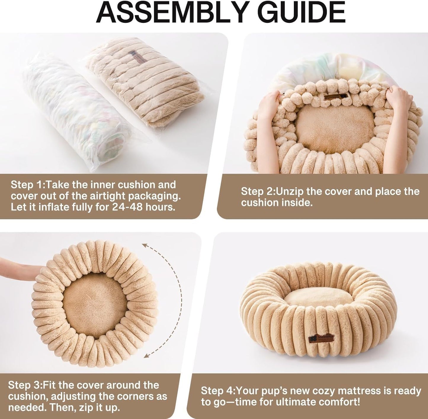 MEWOOFUN Donut Cat Bed - Washable Round Pet Bed For Indoor Cats & Kittens, Fluffy Non-Slip Calming Bed For Small Dogs, Light Brown - My Store
