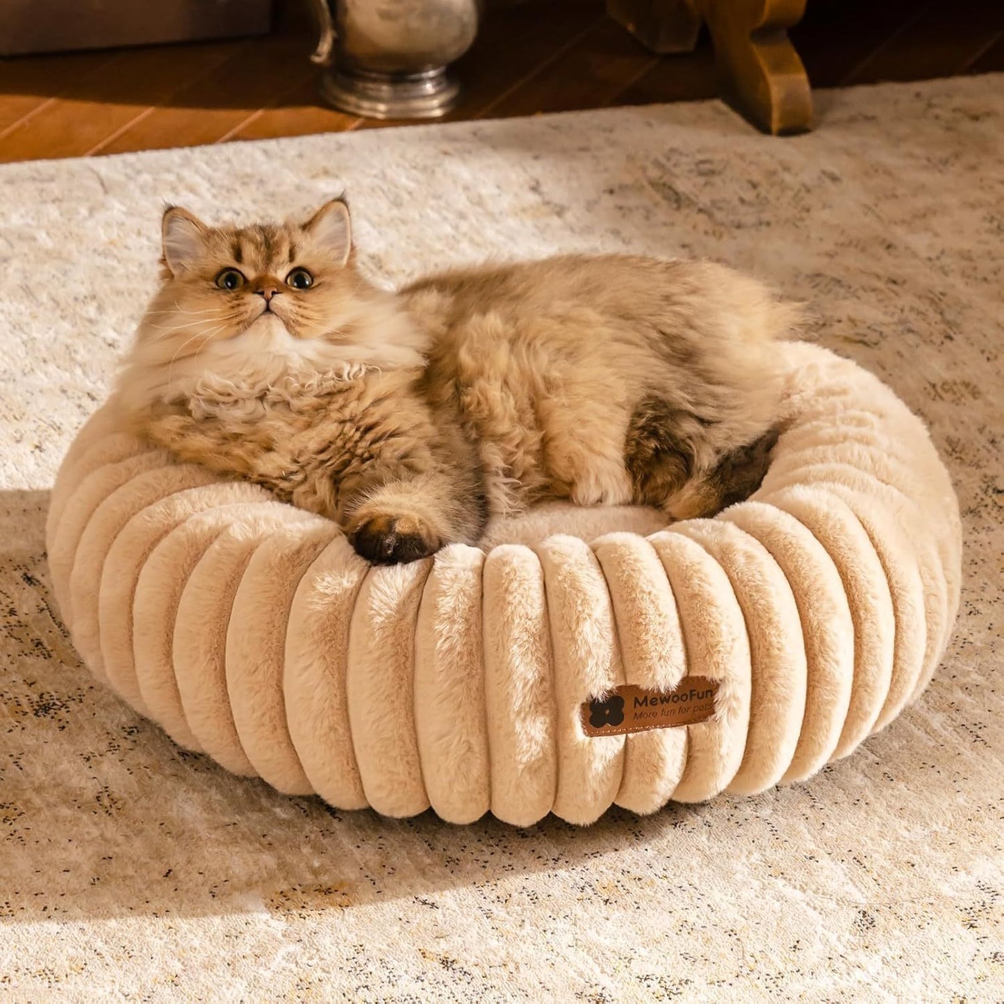 MEWOOFUN Donut Cat Bed - Washable Round Pet Bed For Indoor Cats & Kittens, Fluffy Non-Slip Calming Bed For Small Dogs, Light Brown - My Store