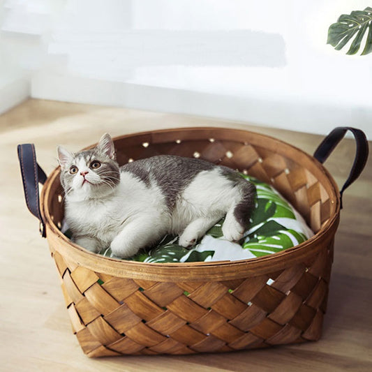 Bamboo Rattan Cat Bed House Kennel Nest Dog Bed Cat Tent Summer Dog Sofa Bed Cushion Pet Bed Cat House Dog House Cat Rug Teepee - My Store