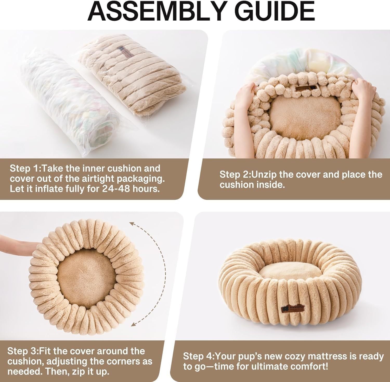 MEWOOFUN Donut Cat Bed - Washable Round Pet Bed For Indoor Cats & Kittens, Fluffy Non-Slip Calming Bed For Small Dogs, Light Brown - My Store