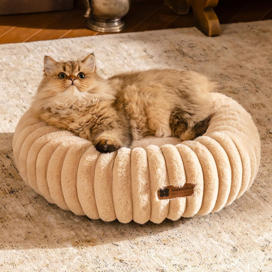 MEWOOFUN Donut Cat Bed - Washable Round Pet Bed For Indoor Cats & Kittens, Fluffy Non-Slip Calming Bed For Small Dogs, Light Brown - My Store